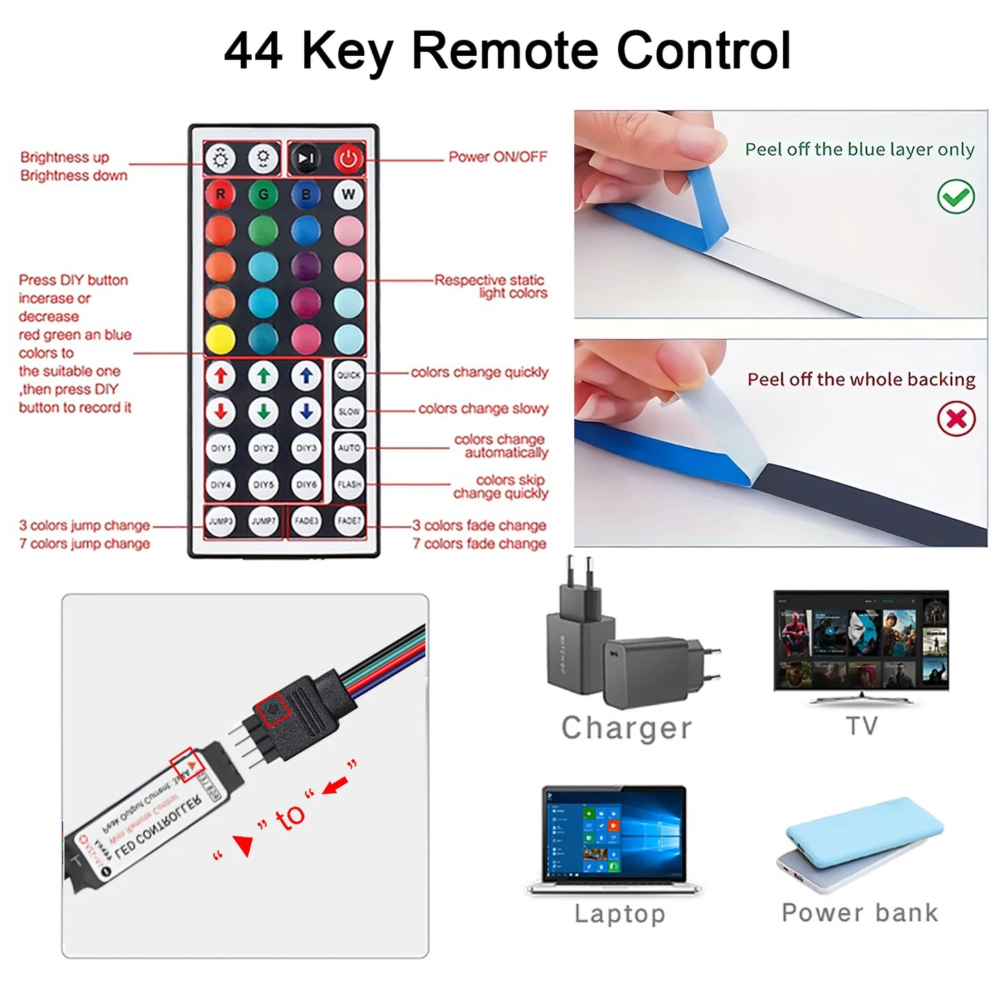 Ansoff LED strip lights with 44-key remote control, RGB tape in 1m to 20m lengths, ideal for home, bedroom, or party decor.