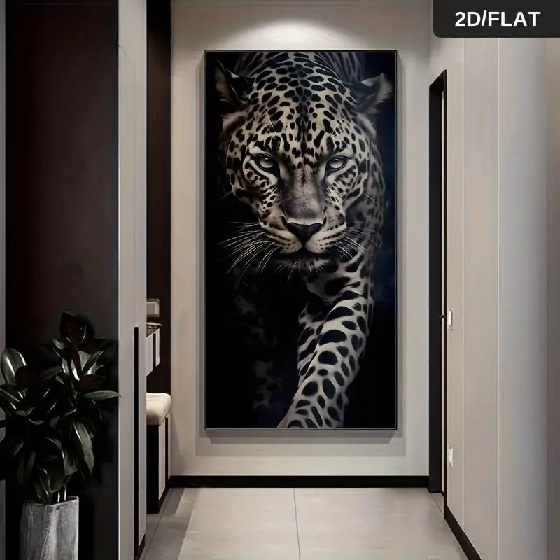 One modern abstract jaguar print art canvas - a vivid blue and black jaguar design, a high-quality 2D flat print frameless paint