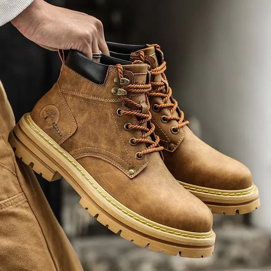 Ansoff men's leather motorcycle boots with non-slip sole, high-top design, durable outdoor work footwear, comfortable platform style