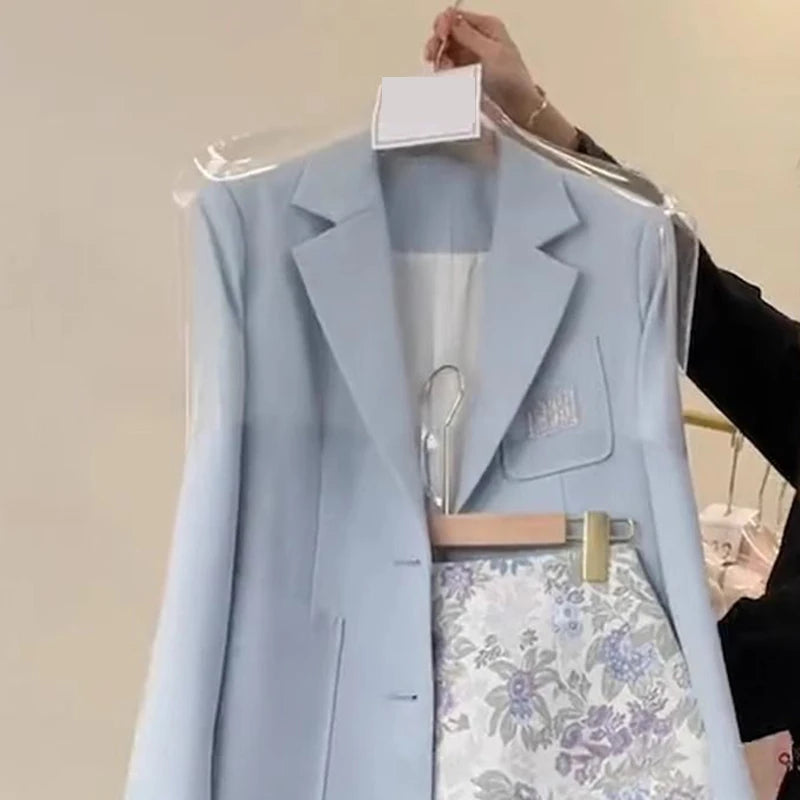 Ansoff blue floral skirt suit set with a vest and printed skirt, perfect for spring, featuring a stylish Korean-inspired design.