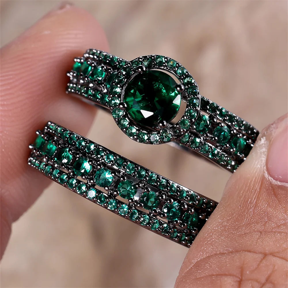 Luxury Crystal Round Stone Ring Set Green Zircon Engagement Double Rings For Women Vintage Black Metal Wedding Jewelry Sets Gift
