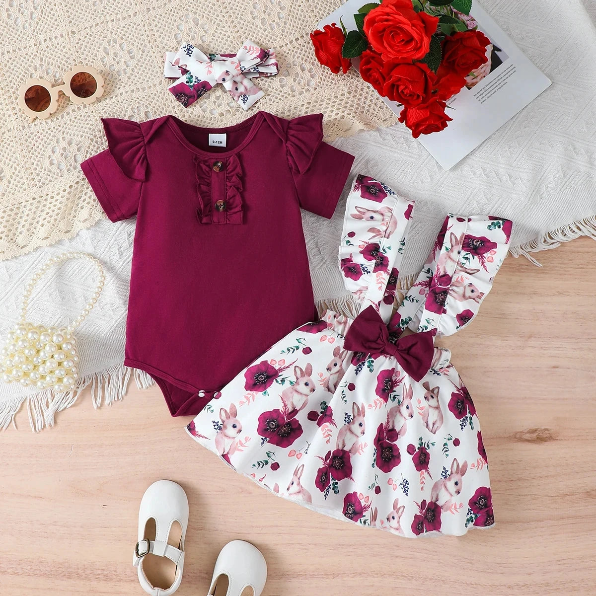 Baby girl summer set with solid jumpsuit, rabbit-printed shoulder strap skirt, and headband for 0-18 months, by Ansoff.
