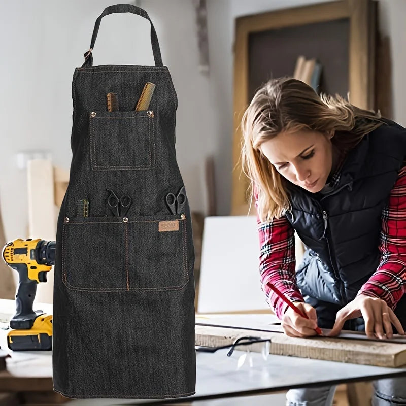 Ansoff lightweight denim jean tool apron with multiple pockets, waterproof waxed canvas, adjustable work apron for men and women.