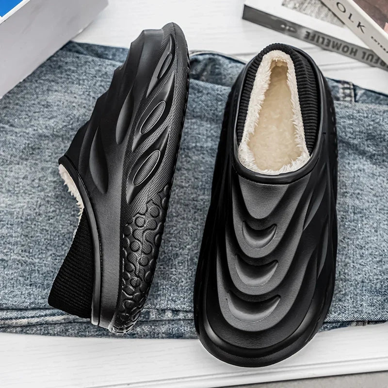 Men's slip-on slippers by Ansoff with velvet heel cover, waterproof, non-slip, wear-resistant, warm indoor shoes for home use.