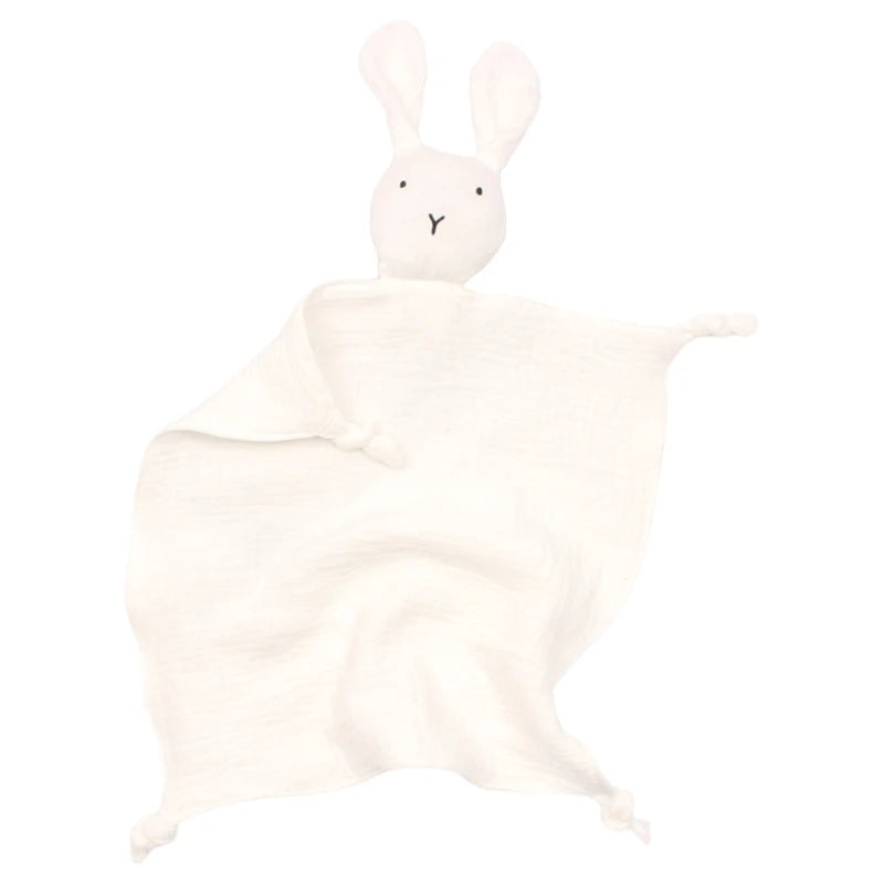 Soft gauze baby soothe blanket and teether with rabbit design, ideal for cuddling, burping, and comforting infants.