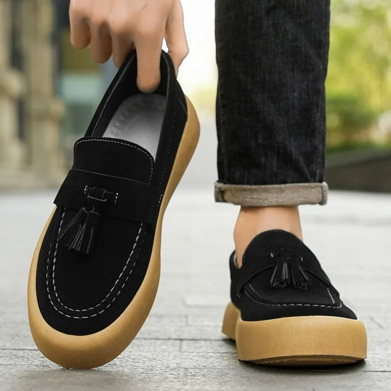 Men's casual slip-on loafers by Ansoff, luxury British style suede sneakers with platform design and driving shoe features.