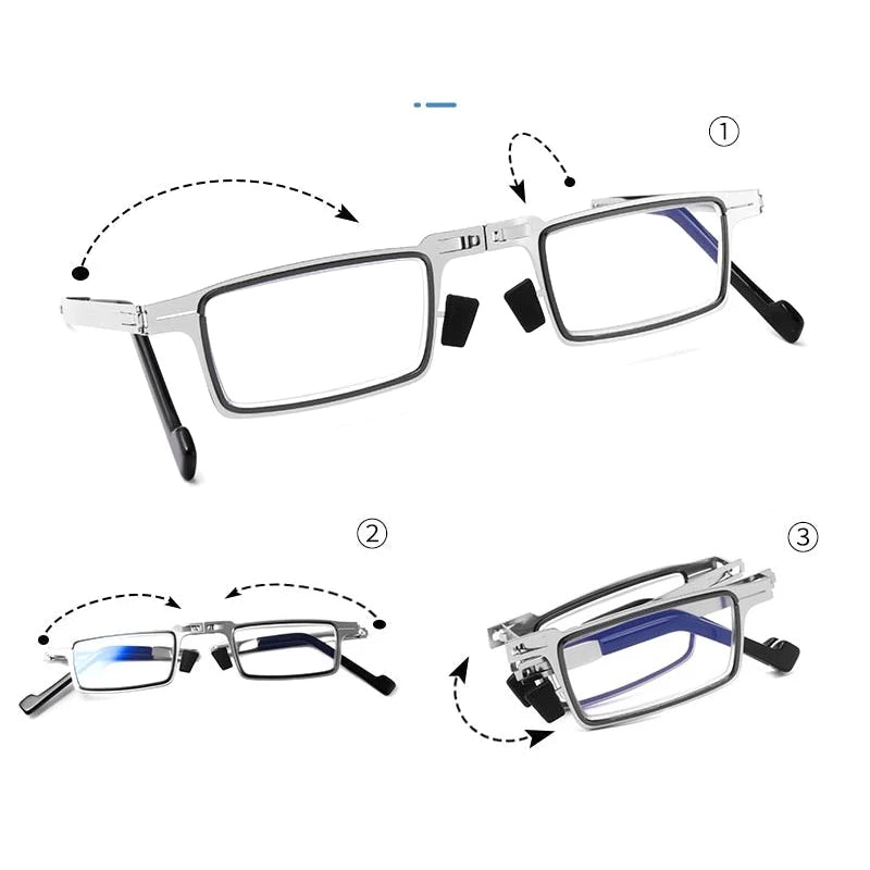 Ansoff metal folding reading glasses with blue light lenses, rectangular shape, lightweight design, suitable for men.