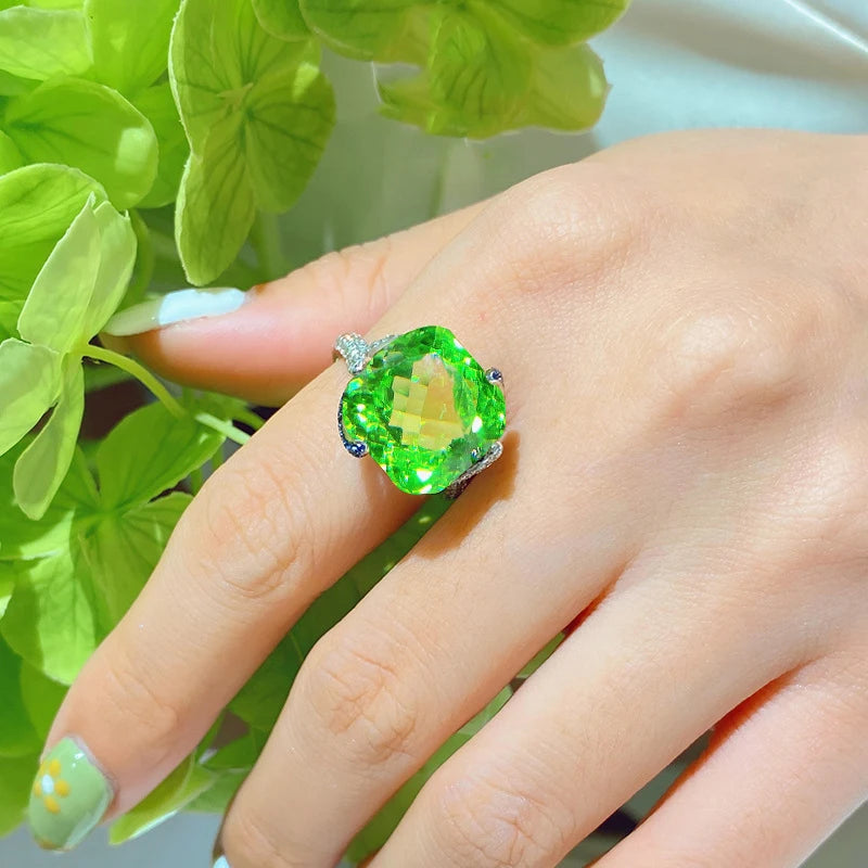 2026 new luxury large-cushion bright green artificial tourmaline ring, women's engagement ring, colored gemstone, adjustable des