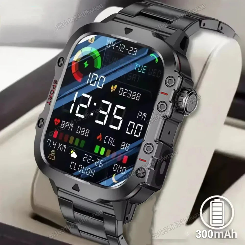 Ansoff rugged military smart watch for men with LED flashlight, 2.01-inch HD touch screen, Bluetooth call, outdoor features.