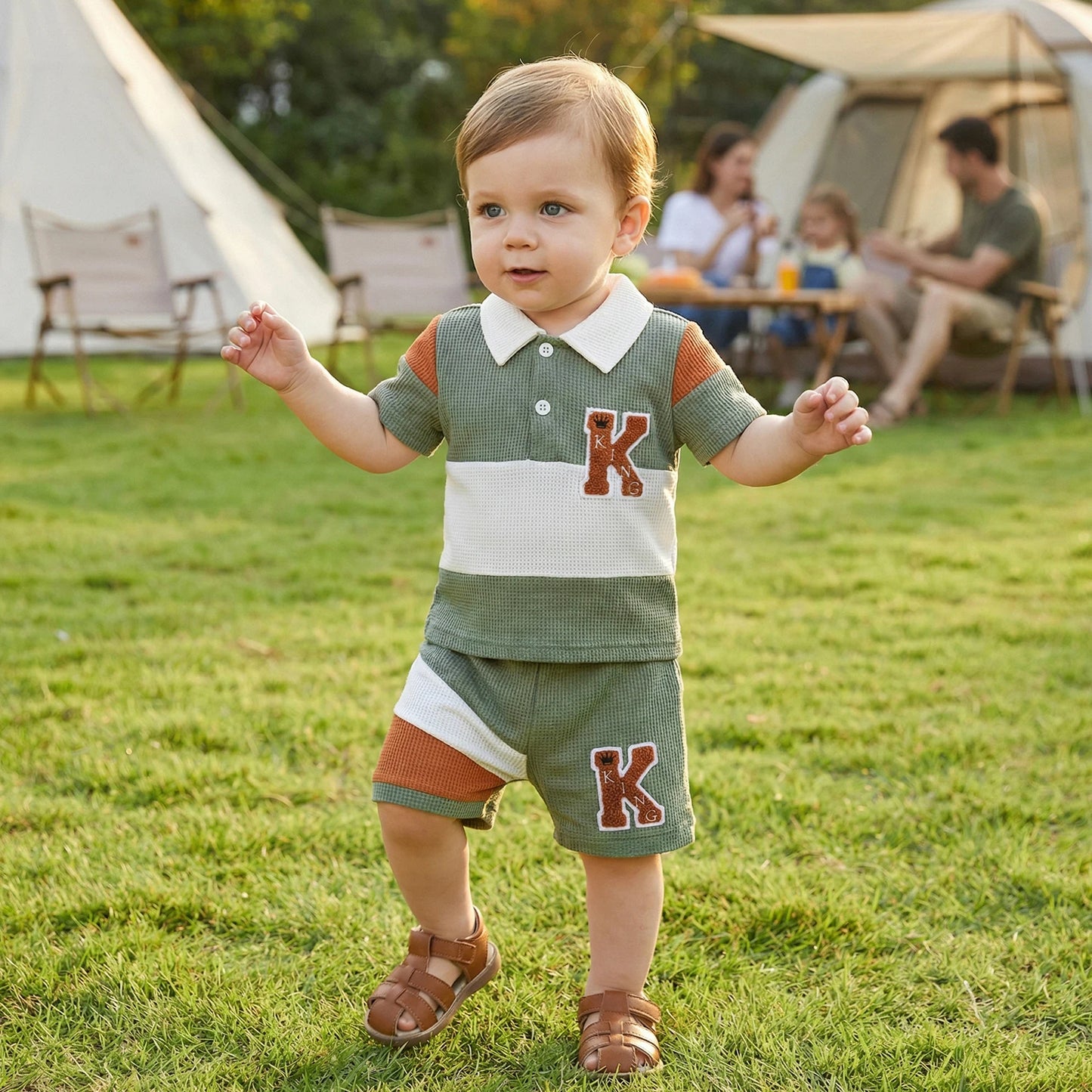 Baby Clothing Boys Summer Outfits Patchwork Waffle Short Sleeves T-Shirt Set Toddler Children Clothes