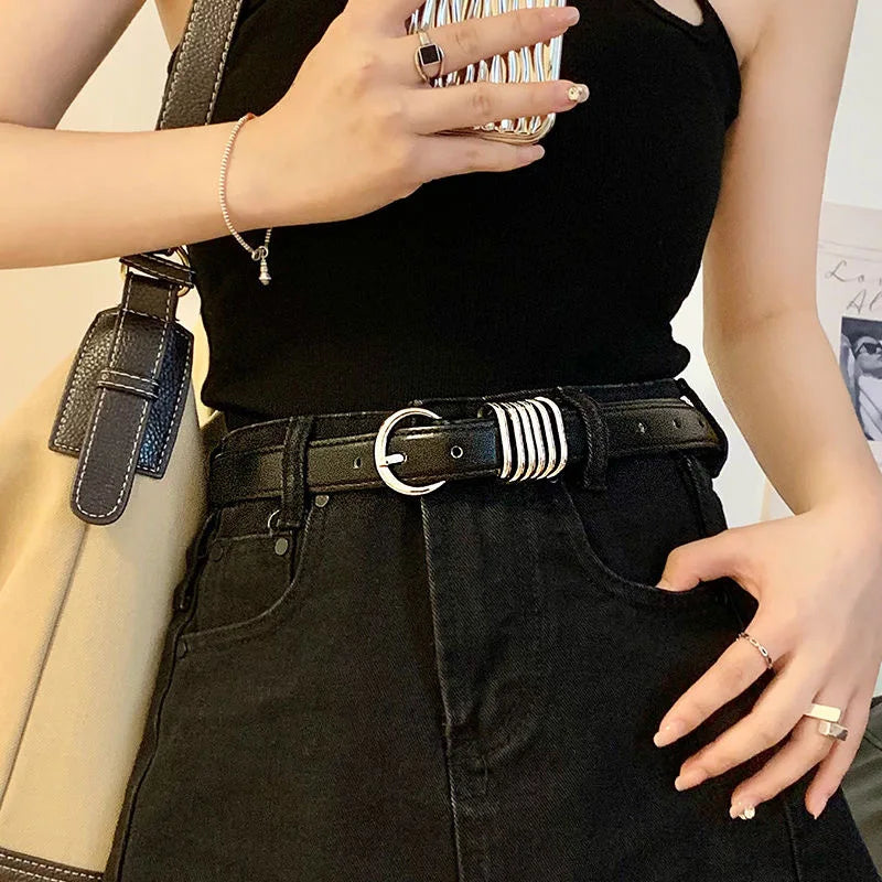 Black leather belt by Ansoff with a needle metal buckle, two-layer cowhide design, ideal for casual jeans, pants, and dress wear.