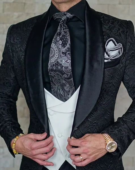 Men's black Italian design wedding tuxedo suit by Ansoff, 3-piece set including coat, vest, and pants for groom attire.