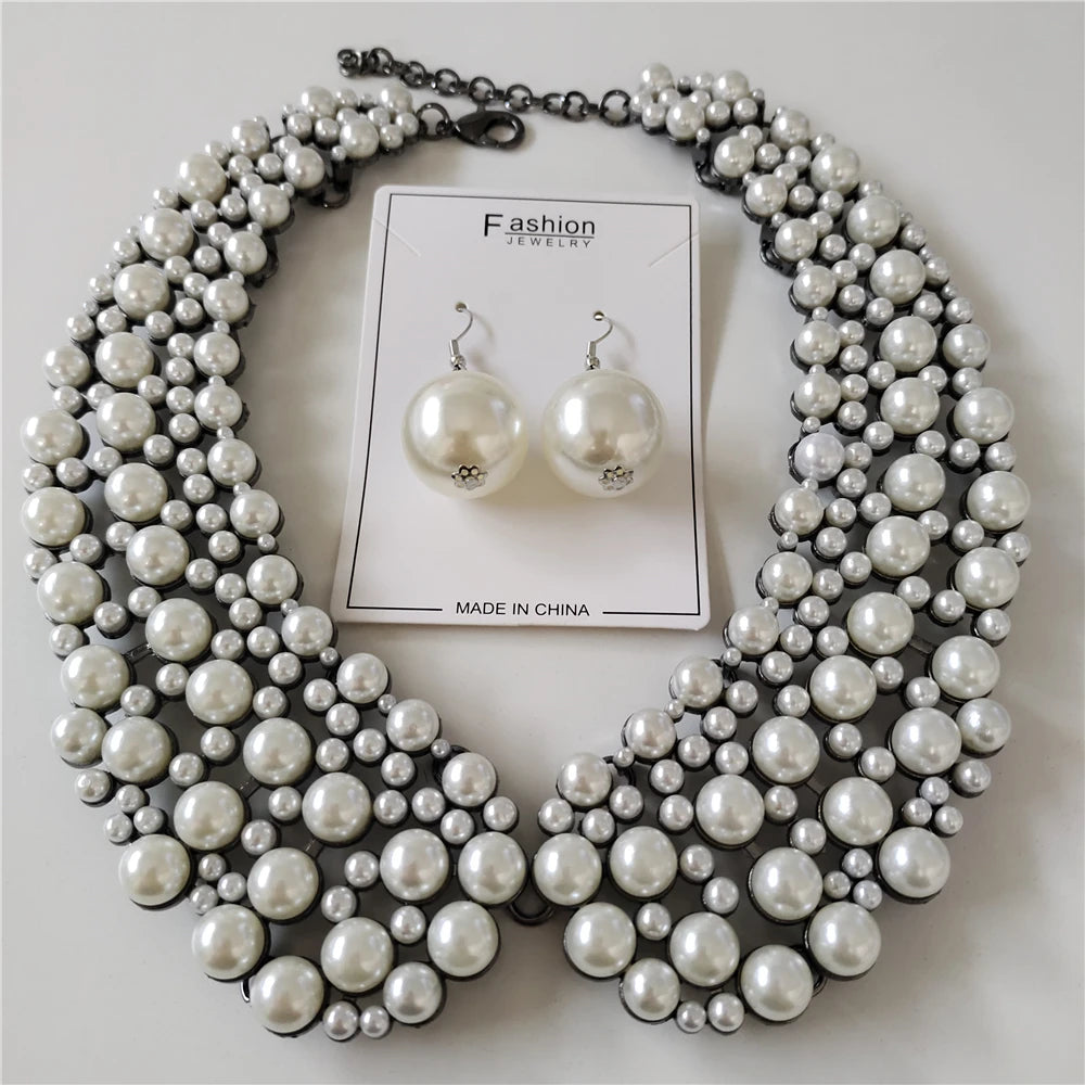 2026 New Multilayer Imitation Pearls Large Collar Choker Necklace Earrings Women Jewelry Sets Indian Statement Crystal Necklace