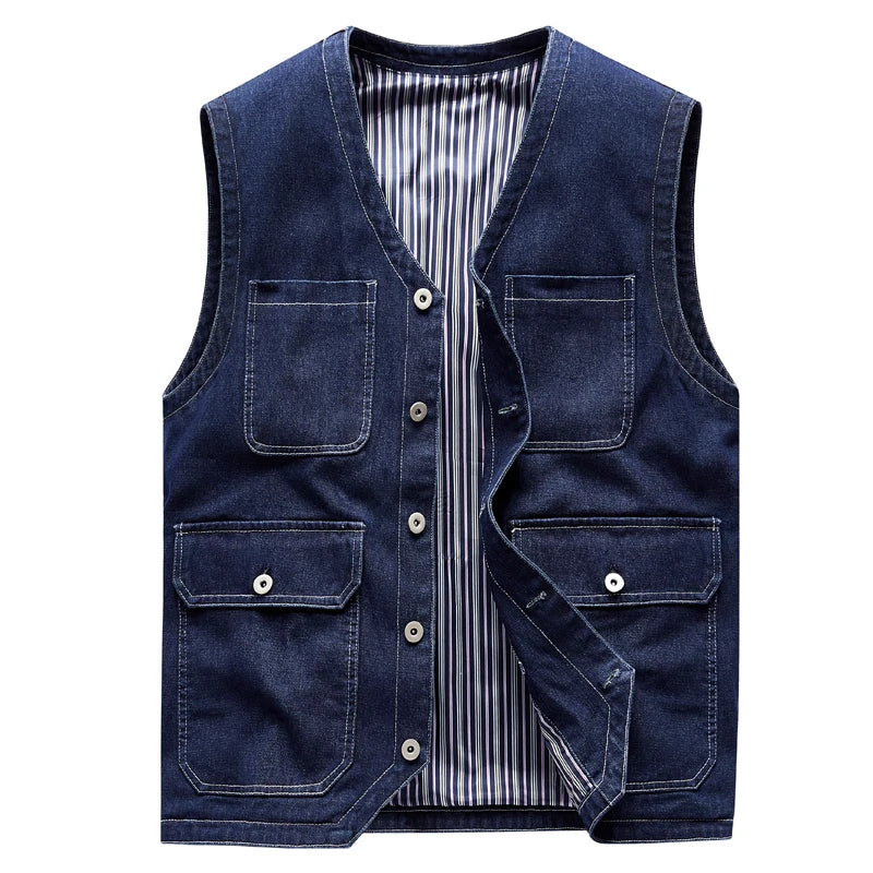 Men's Ansoff denim jean vest with multi-pocket cargo design, sleeveless blue outerwear jacket, retro motorcycle style.