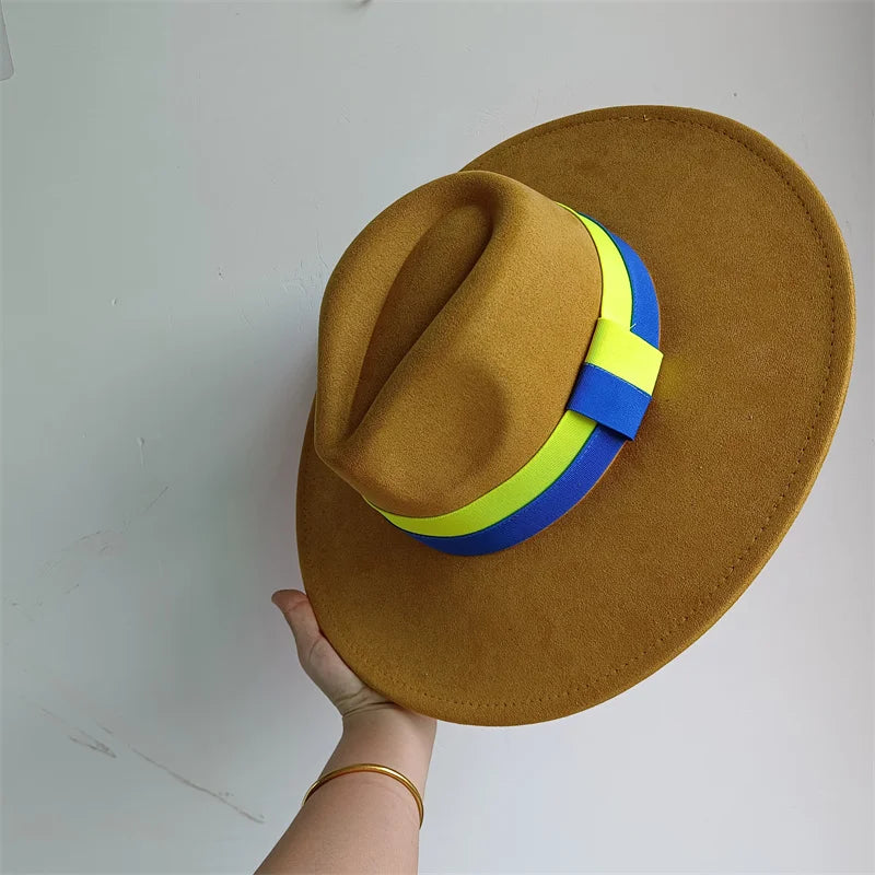Colorblock ribbon colorful suede women's felt wide brim hat by Ansoff, featuring retro British style for autumn and winter.