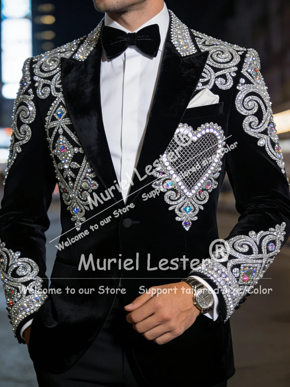 Ansoff men's velvet tuxedo with diamond beading, single-breasted wedding suit, customized 2-piece set, elegant groom fashion attire.