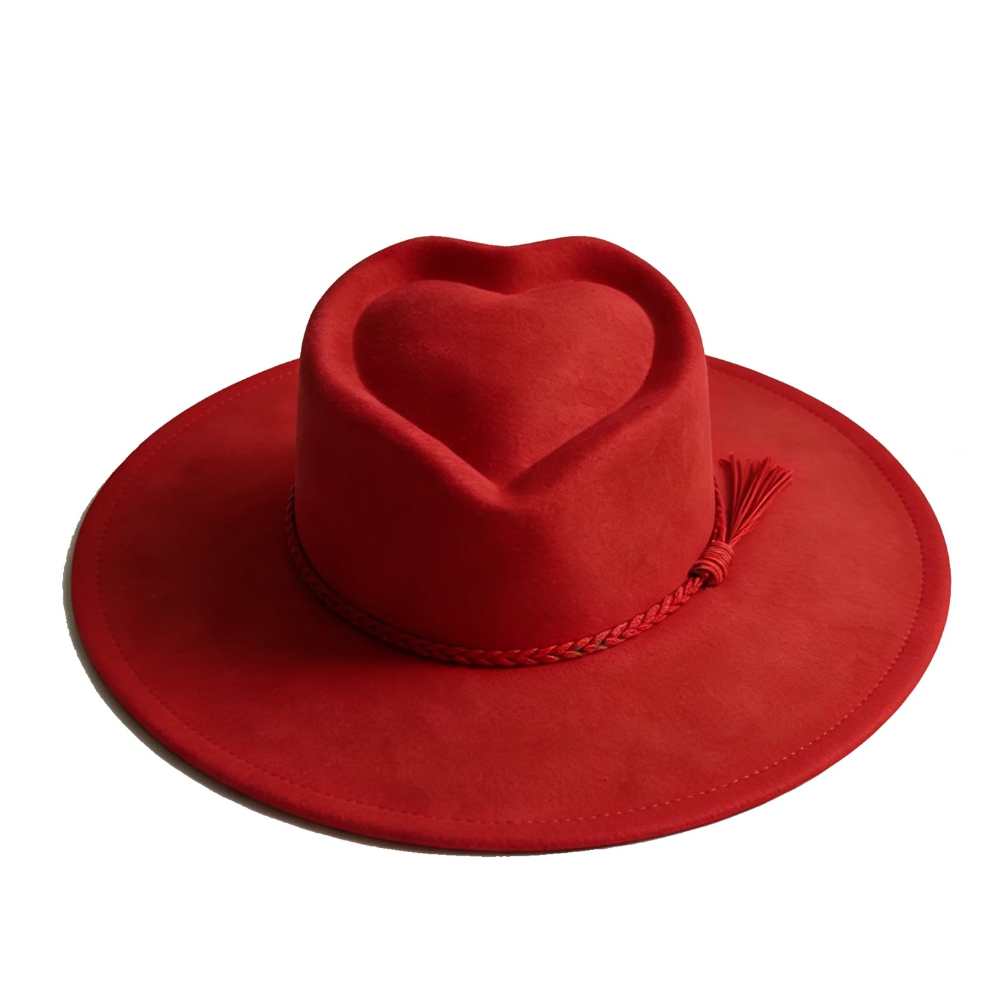 Dark turquoise suede fedora hat with heart and arrow design, suitable for men and women, perfect for autumn and winter fashion.