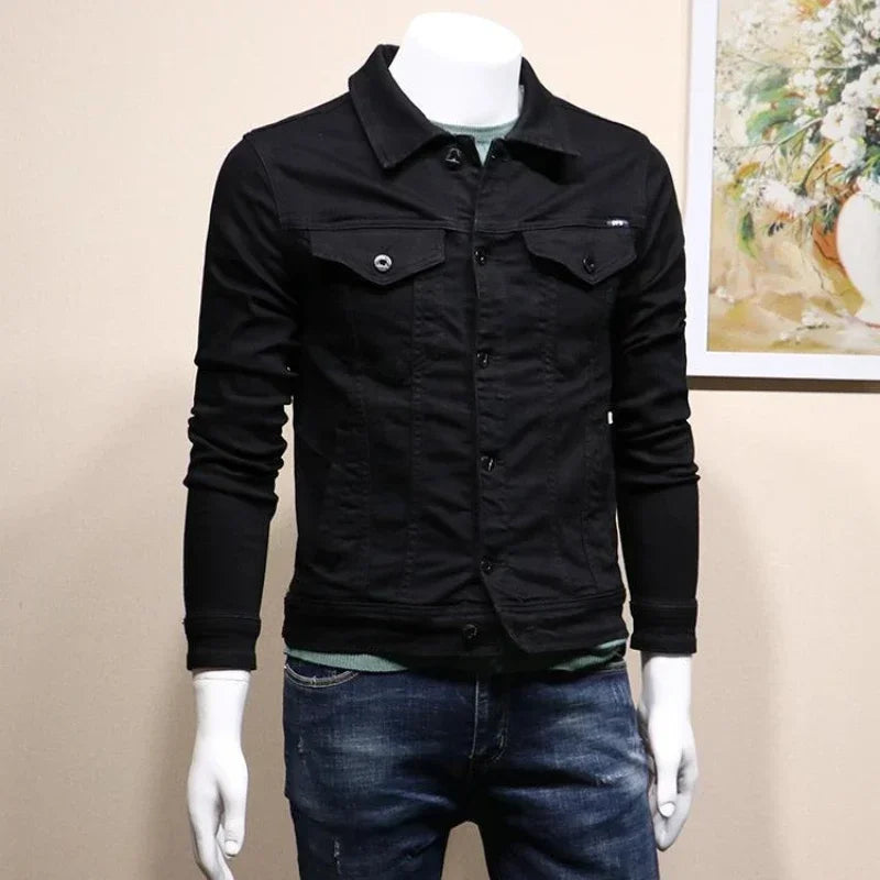Ansoff men's black denim jacket with button closure, slim fit, stylish winter outerwear, suitable for autumn 2025.
