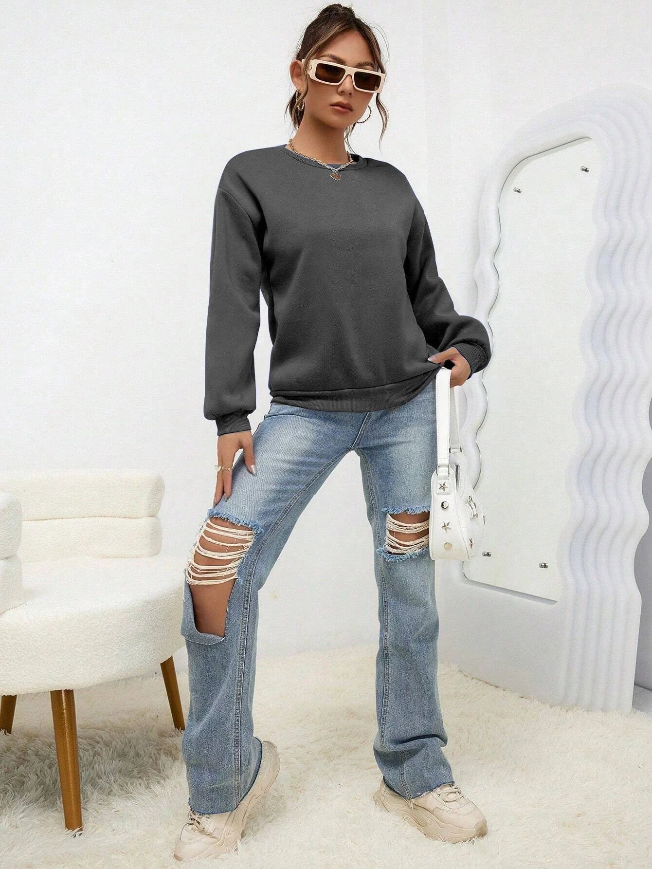 Woman Sweatshirt Casual Solid Color All-Match Clothing Loose Fashionable Pullovers Autumn Crewneck Warm  Female Hoodies - Acros
