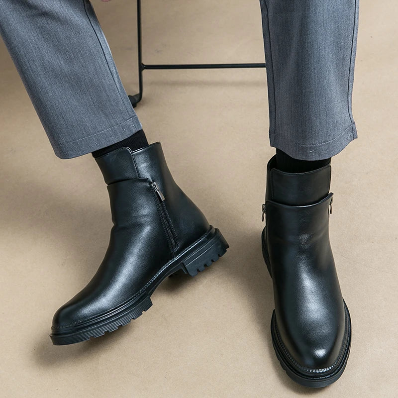 Round Toe Shoes Men's High Top Footwear Classic Retro Leather Chelsea Boots Side Zipper Fashion Ankle Boots Male Business Shoes - Acros
