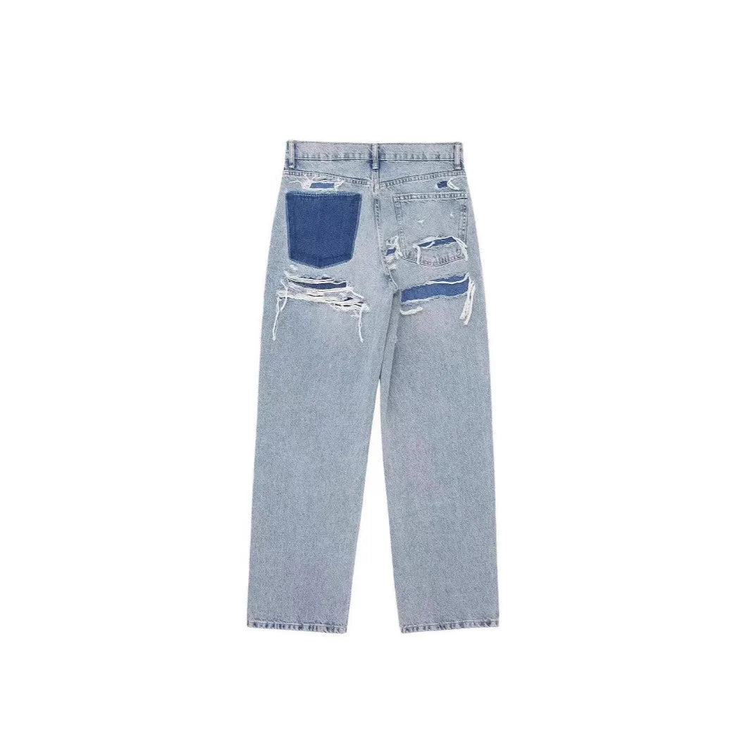 Women’s high-waist denim jeans by Ansoff featuring straight-leg, wide-leg style, casual streetwear, and elegant splice design.