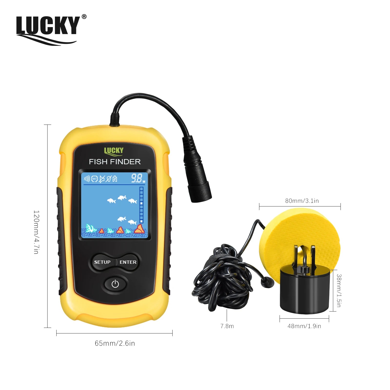 FFC1108-1 Alarm 100M Portable Sonar Fish Finders 45 degrees Sonar Coverage Echo Sounder Alarm Transducer Lake Sea Fishing - Acros