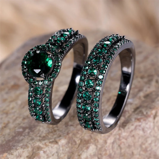 Luxury Crystal Round Stone Ring Set Green Zircon Engagement Double Rings For Women Vintage Black Metal Wedding Jewelry Sets Gift