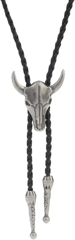 Adjustable cowboy bolo tie with a bull head pendant, faux leather neck strap, suitable for rodeo dance or western Western wear.