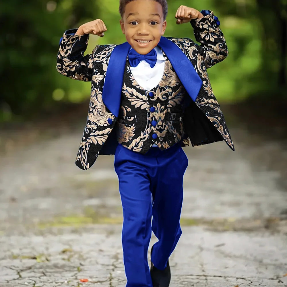 Boys slim fit jacquard tuxedo suit with vest and pants, designed for wedding and celebration occasions by Ansoff.