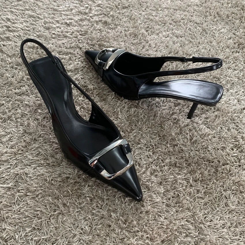 2025 New Shoes Black Leather Shoes Woman Pumps Slingbacks Pointed Toe High Heels Stiletto Sexy Party Shoes Women Heels - Acros
