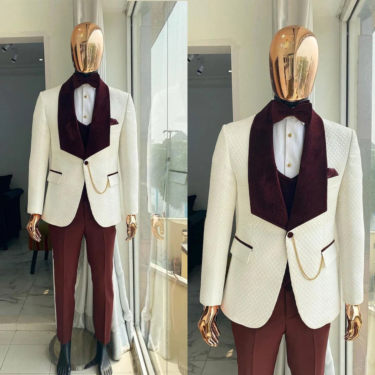 Men's 3-piece suit set by Ansoff featuring a white plaid blazer, floral vest, and matching pants for formal or party occasions.