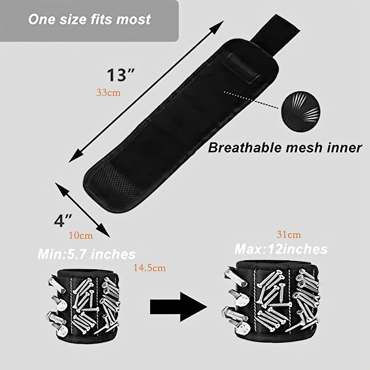 Ansoff magnetic wristband holding screws, nails, and drill bits with strong magnets, worn on a man's wrist for convenient tool access.