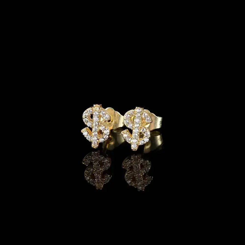 Stainless Steel Earrings Hip Hop Jewelry Stud Earring Iced Out Zircon Dollar Sign Gold Plated Earrings for Women Серьги Женские - Acros
