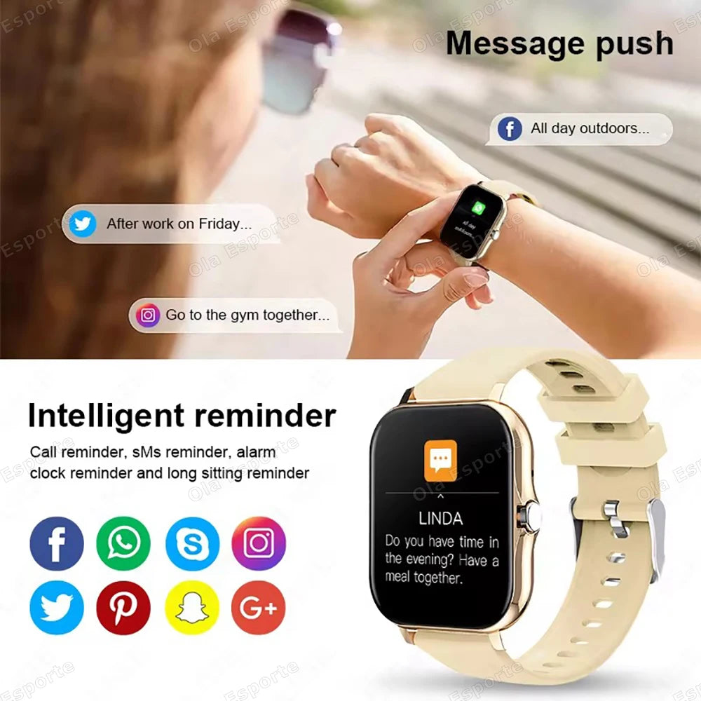 Ansoff Smart Watch with 2.01-inch HD display, showing weather forecast, call, message preview, and sport modes on a sleek design.