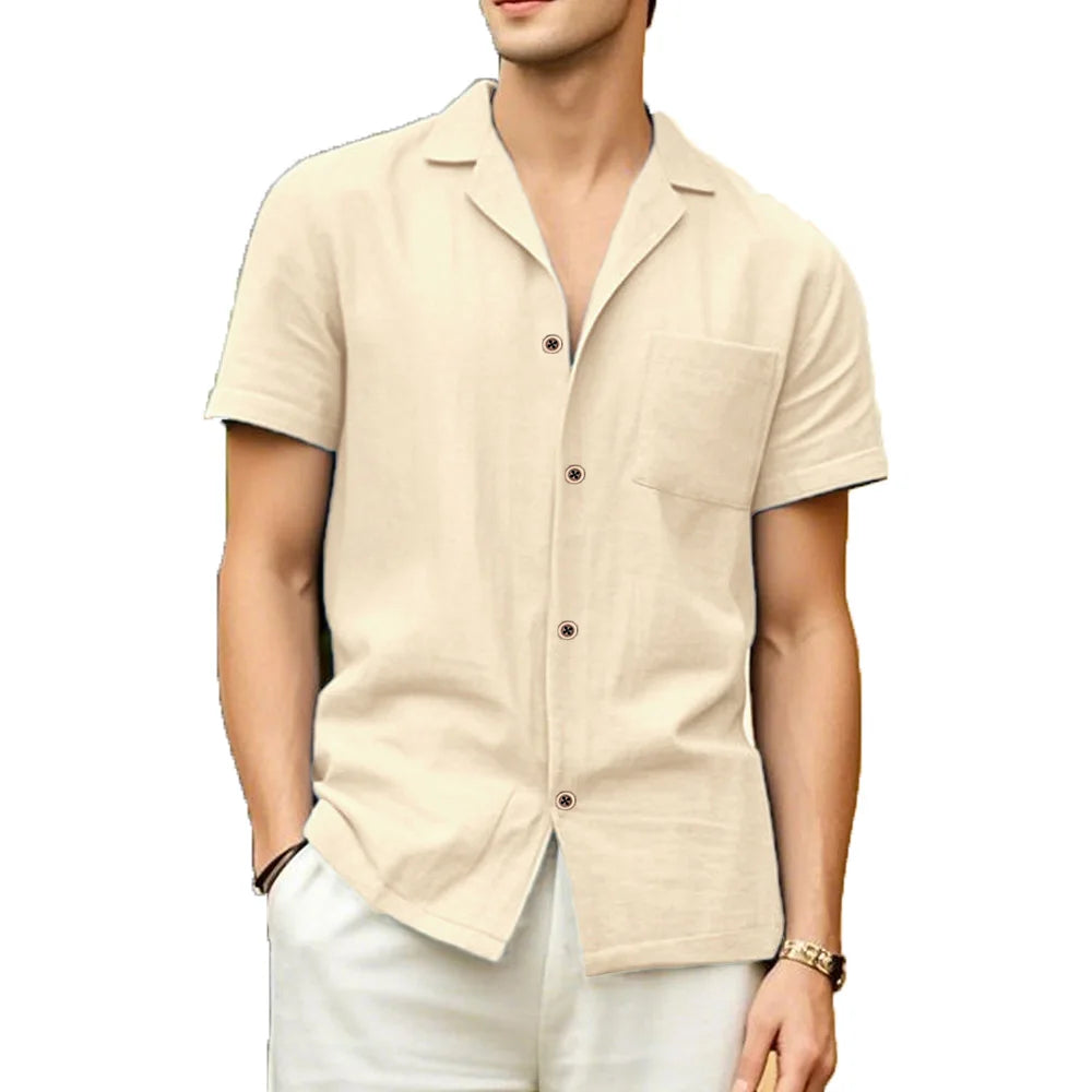 Men's breathable short-sleeved casual shirt by Ansoff, solid color, loose fit, perfect for summer beach vacation style.