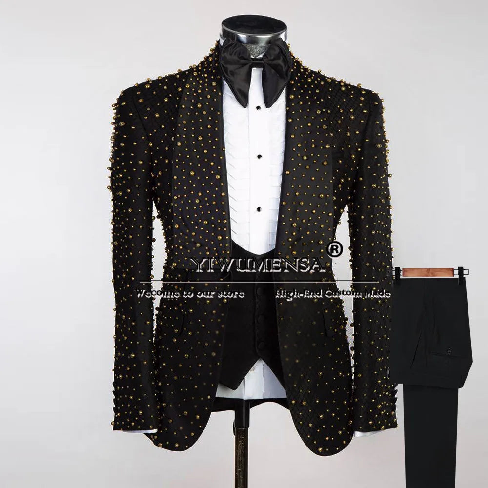 Ansoff Golden Pearls men's 3-piece tuxedo suit with jacket, vest, and pants for formal weddings and parties.