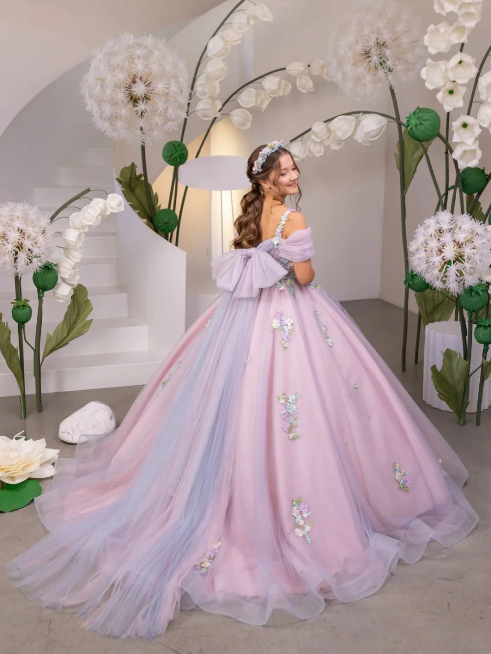 New Arrival Girls Lace Appliques Princess Gown For Birthday Party Charming Off Shoulder Kids Dresses Performance Outfit 2-14Y