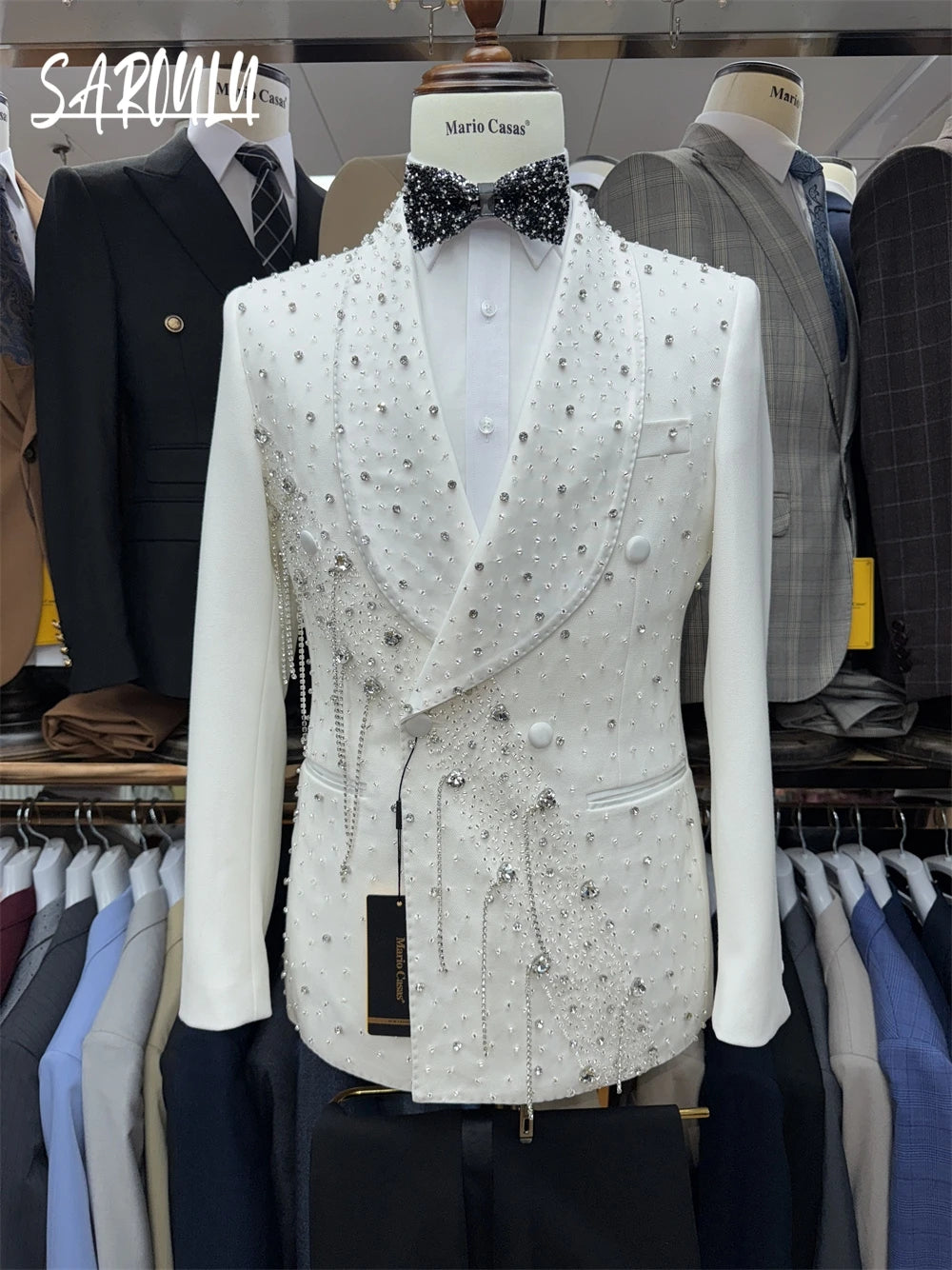 Men's stylish 2-piece dance suit set by Ansoff featuring a tassel jacket and pants, perfect for weddings and parties.