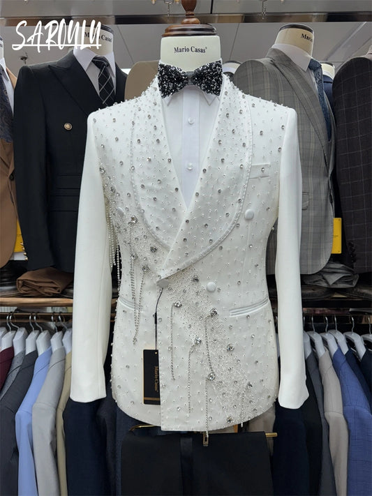 Men's stylish 2-piece dance suit set by Ansoff featuring a tassel jacket and pants, perfect for weddings and parties.
