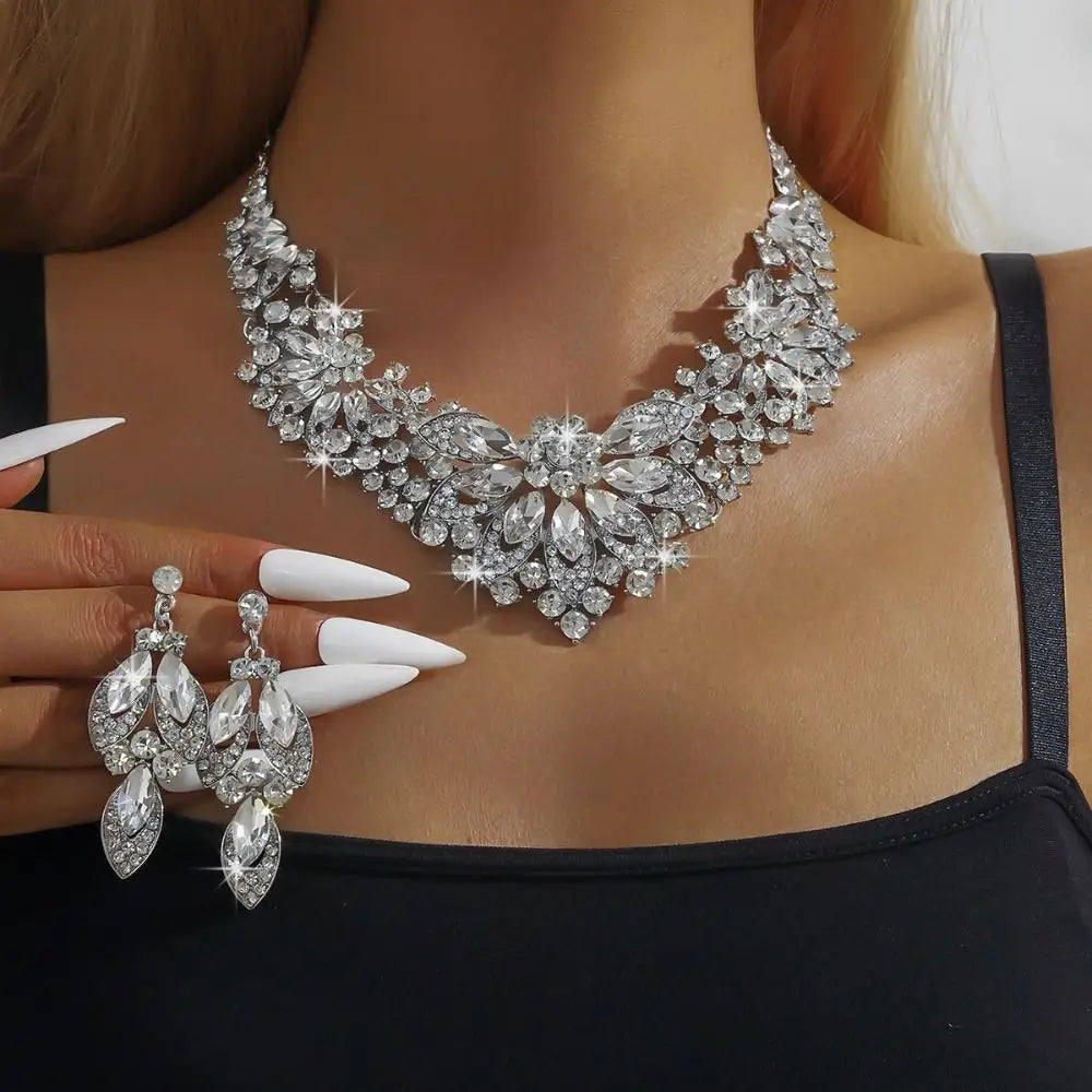 Bridal Crystal Rhinestone Jewelry Set Shining Exquisite Necklace Earrings Set Luxury Crystal Necklace Set Women