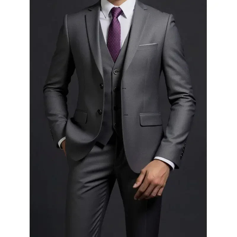 Men's British style suit with blazer, vest, and trousers by Ansoff, featuring a solid color for business, casual, or wedding wear.
