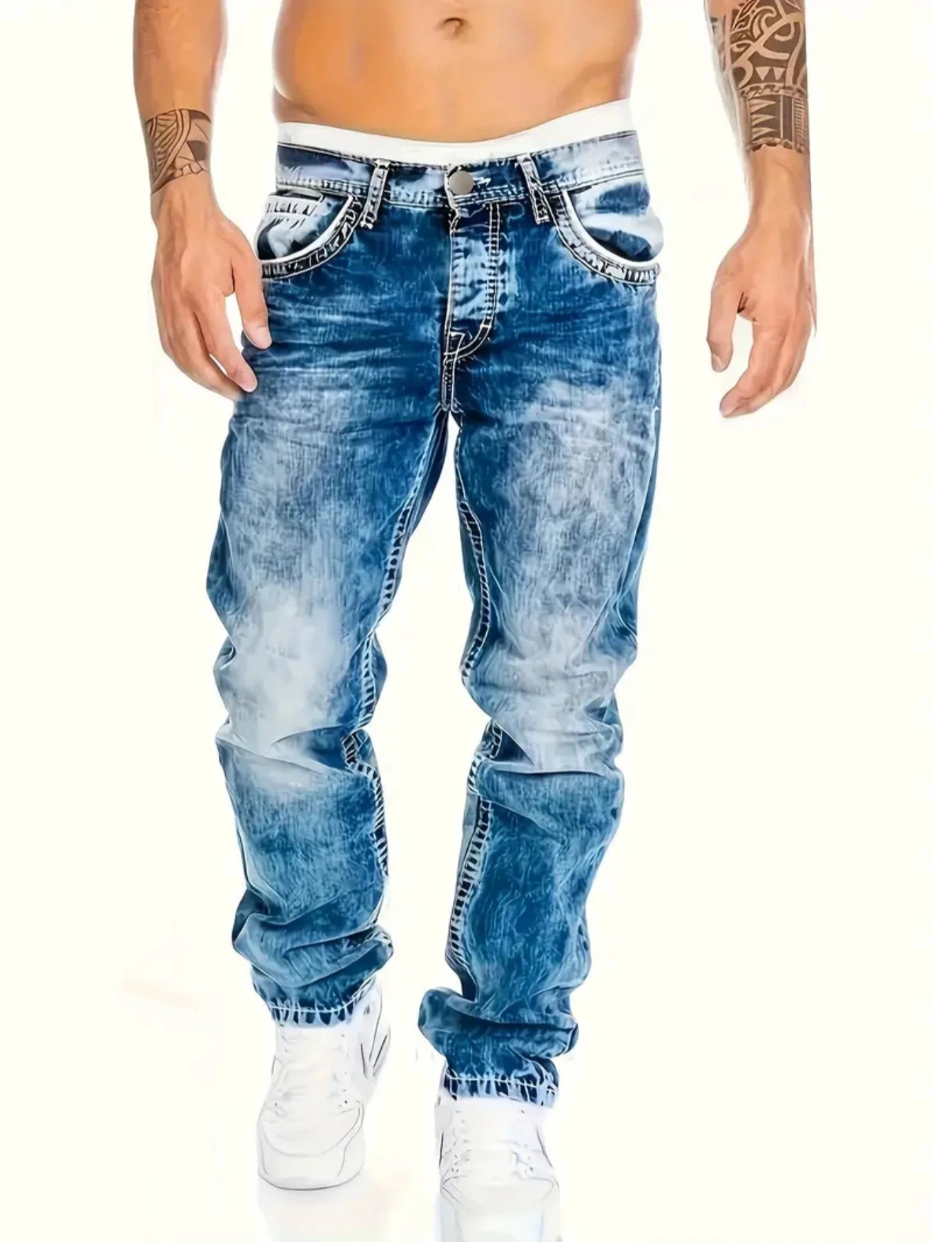 European American Jeans men's slim elastic denim trousers in vintage wash, stylish streetwear fashion.