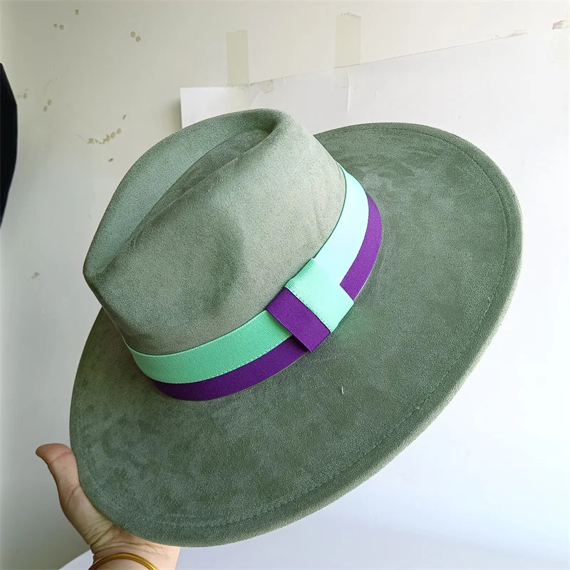 Colorblock ribbon colorful suede felt hat with wide brim, British style for women and men, suitable for autumn and winter fashion.