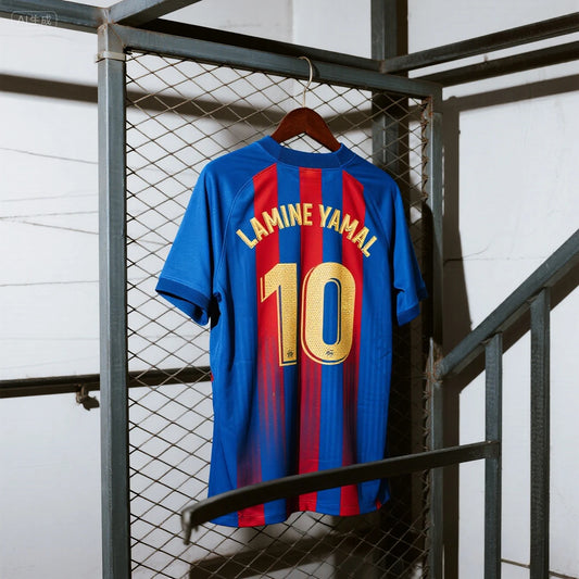 Ansoff Lamine Yamal soccer jersey with blue and red stripes, player name and number 10, ideal for football fans.