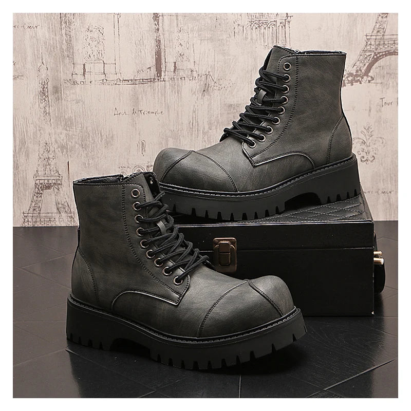 Ansoff British style men's motorcycle boots with lace-up leather design, big toe cowboy platform, desert-inspired rugged footwear