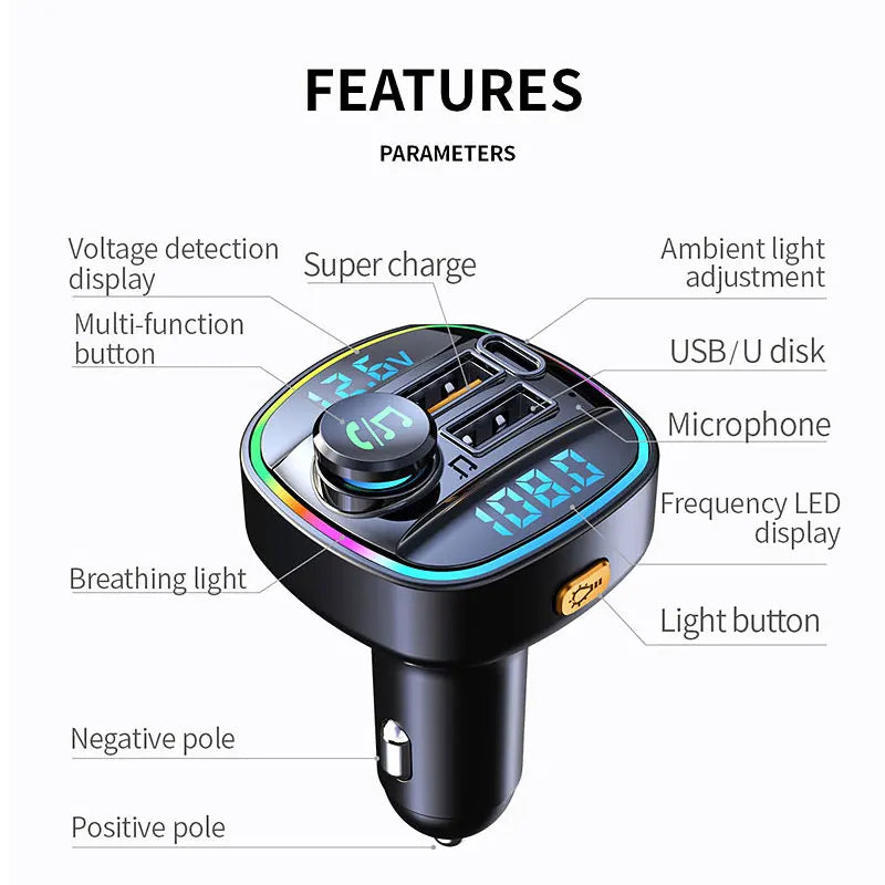 Ansoff Bluetooth 5.0 FM transmitter and handsfree car radio modulator with USB quick charge adapter and MP3 player in a vehicle interior