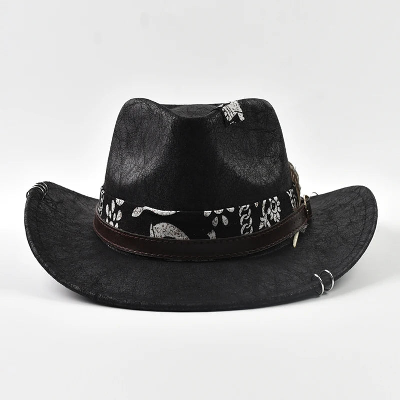 Vintage Faux Leather Western Cowboy Hat For Men Handmade Gentleman Jazz Hats Panama Cowgirl Hat Sombrero Hombre
