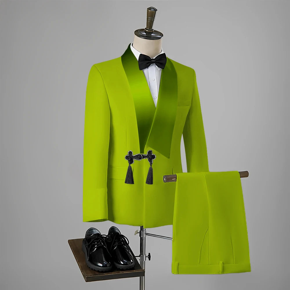Ansoff men's wedding tuxedo with slim fit blazer and pants, featuring a tassel lapel, one button, and elegant disc screw thread details.