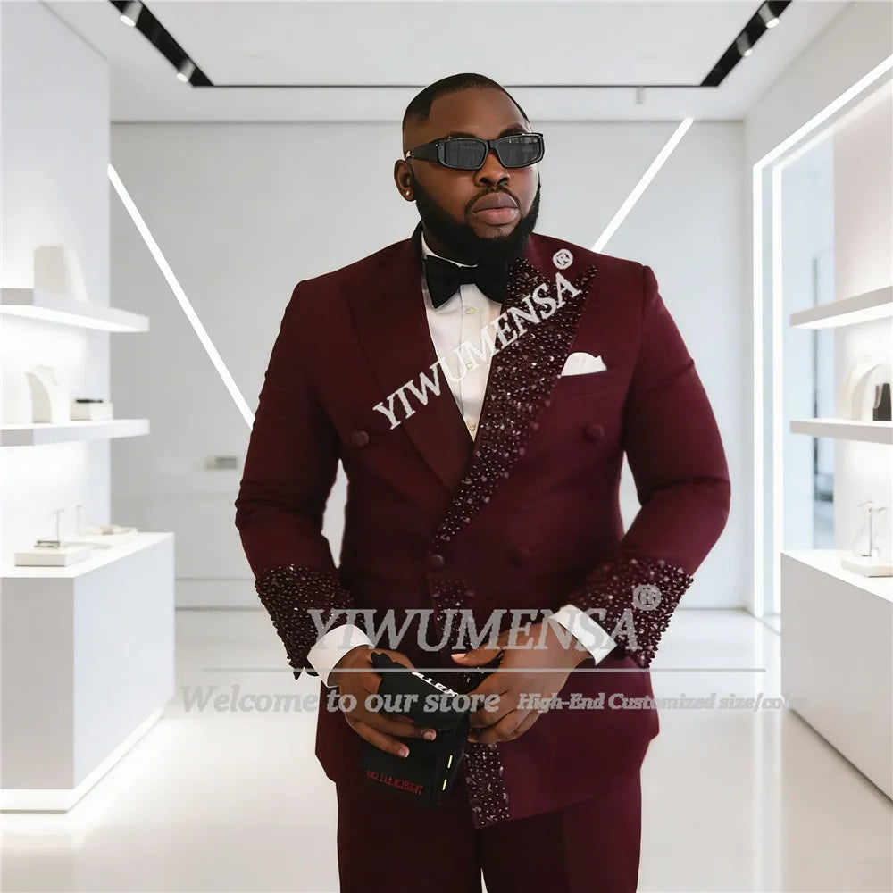 Unique Design Beading Pearls Suits Men Plus Size Double Breasted Jacket Pants 2 Piece Set Groom Tuxedos Customized Male Outfits