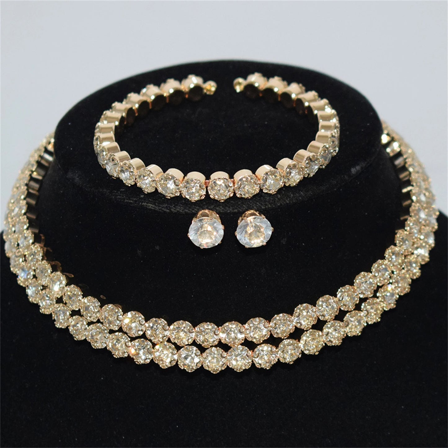 3pcs Wedding Jewelry Three Piece Set Fashionable Bridal Rhinestone Double Row Necklace Earrings Bracelet Set Strong Chain